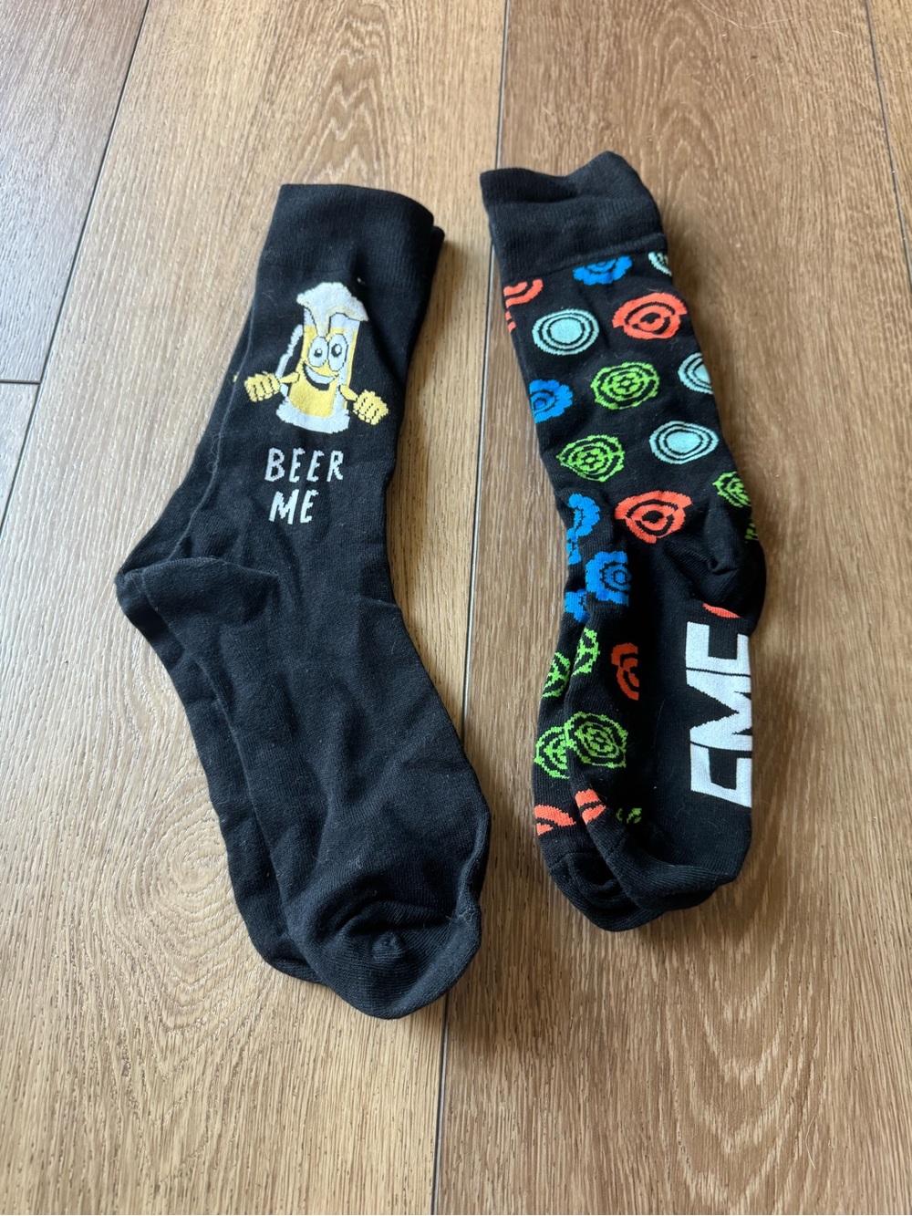 Novelty Black Crew Socks with Colorful Pattern - Pack of 2